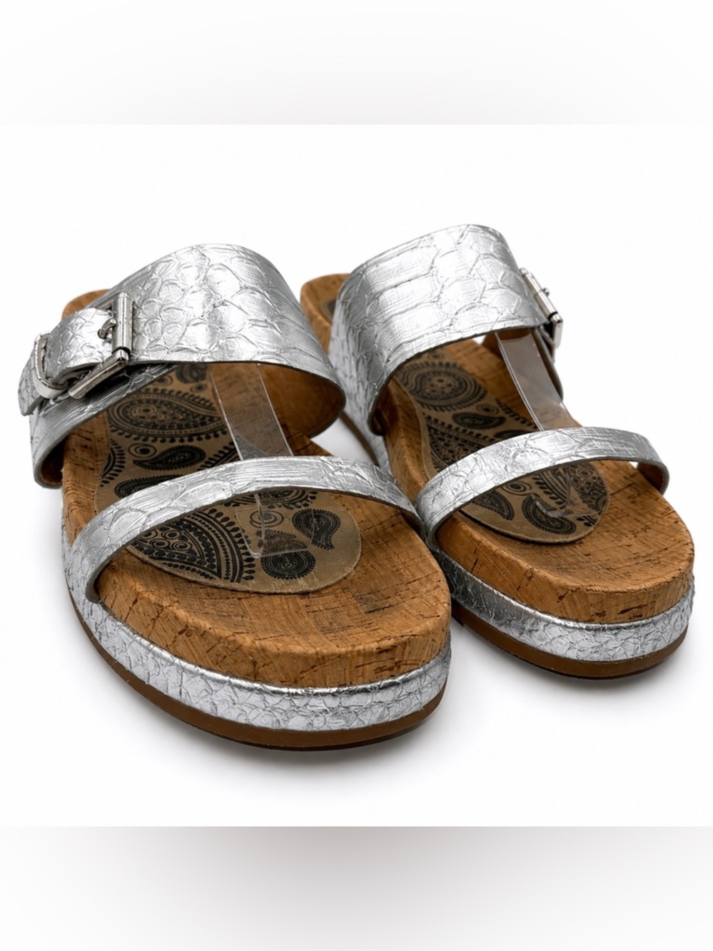 Coach Metallic Silver 8B Sunny Sandals Embossed Leather Croc